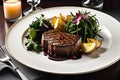 Gourmet Plate Featuring Medium Rare Steak Sliced Against the Grain - Vibrant Steamed Vegetables on the Side