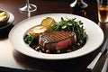 Gourmet Plate Featuring Medium Rare Steak Sliced Against the Grain - Vibrant Steamed Vegetables on the Side