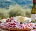 gourmet plate with sliced Italian mortadella ham, cheese and olive. With a bottle of white wine against the backdrop of an olive