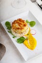 Gourmet plated fishcake with vegetables Royalty Free Stock Photo