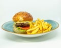 Gourmet platter of french fries and a juicy beef burger isolated on a white background