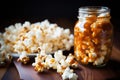 Homemade Gourmet Popcorn Delight with Caramel Syrup. AI Generated