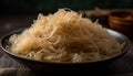 Gourmet pork ramen noodles in yellow bowl on wooden table generated by AI