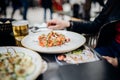 Gourmet prawn salad in a modern restaurant.Colorful healty lunch.Seafood dinner served. Low calorie food, low carb lifestyle Royalty Free Stock Photo