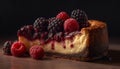 A gourmet raspberry cheesecake slice on wood generated by AI