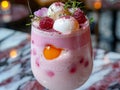 Gourmet Raspberry Lychee Cocktail with Fresh Berries and Creamy Texture in Elegant Glass on Marble Table