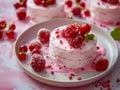 Gourmet Raspberry Meringue Dessert with Fresh Berries and Mint on Elegant Plate, Perfect for Food Blogs and Culinary Magazines