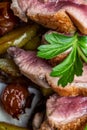 Gourmet roast beef dish with rare meat and extreme detail Royalty Free Stock Photo