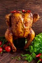 Gourmet Roast Whole organic chicken on cider Can With Asparagus, glazed Cherry Tomatoes, Herb and Spices, Served Top of