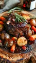 Gourmet Roasted Beef with Rosemary, Seasonal Vegetables, and Savory Glaze on Rustic Wooden Board Background for Fine Dining