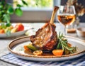 Gourmet roasted lamb shank on a plate with herbs and garnish, elegant dining setting with wine