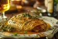 Gourmet Roasted Meat Dish Garnished with Herbs on Elegant Dining Table with Glass of Wine