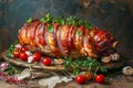 Gourmet Roasted Pork Loin Wrapped in Bacon with Herbs, Tomatoes, and Garlic on Rustic Table