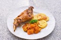 Gourmet roasted rabbit leg with glazed sweet carrot and baked potatoes choped on thin slices. Royalty Free Stock Photo