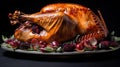 Gourmet Roasted Turkey on Platter with Berries and Greenery