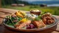 Gourmet salmon dinner with sides served outdoors on a wooden table Royalty Free Stock Photo