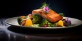 Gourmet salmon dish elegantly presented on a dark background. culinary delight for seafood lovers. fresh and flavorful Royalty Free Stock Photo