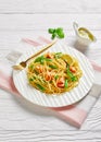 Gourmet salmon pasta with green beans and garlic butter sauce Royalty Free Stock Photo