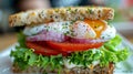 Gourmet sandwich with poached eggs in professional food photography for enticing visuals