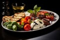 Gourmet Sausages, Cheeses and Delicacies on Plate, Perfect Starter Selection, Low Light Ambience