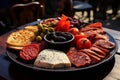 Gourmet Sausages, Cheeses and Delicacies on Plate, Perfect Starter Selection, Low Light Ambience