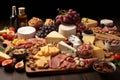 Gourmet Sausages, Cheeses and Delicacies on Plate, Perfect Starter Selection, Low Light Ambience