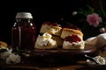 gourmet scone tower with strawberry preserves, clotted cream and sprinkles