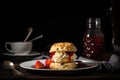 gourmet scone tower with strawberry preserves, clotted cream and sprinkles