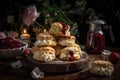 gourmet scone tower with strawberry preserves, clotted cream and sprinkles