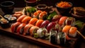 Gourmet seafood meal on wood plate maki sushi, sashimi, nigiri variation generated by AI