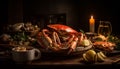 Gourmet seafood meal on wooden table, fresh cooked crab and prawn generated by AI