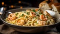 Gourmet seafood pasta on rustic Italian plate generated by AI