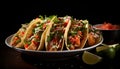 Gourmet seafood taco plate with fresh ingredients and colorful vegetables, prepared by ai Royalty Free Stock Photo