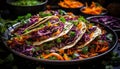 Gourmet seafood taco plate with fresh ingredients and colorful veggies, created by ai