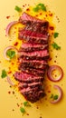 Gourmet Sliced Grilled Beef Steak with Herbs and Spices on Yellow Background, Culinary Meat Dish Presentation