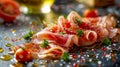 Gourmet Sliced Prosciutto with Fresh Herbs, Cherry Tomatoes, and Olive Oil on Rustic Background