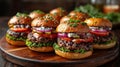 gourmet slider menu, a tray of fancy sliders featuring avocado, blue cheese, and pickles a mini feast for all burger Royalty Free Stock Photo