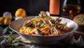 Gourmet spaguetti with clams on a plate. Italian recipe with tasty ingredients. White wine to go with the recipe. Generative AI