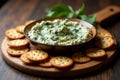 Gourmet Spinach Artichoke Dip with Whole Grain Crackers Royalty Free Stock Photo