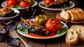 Gourmet Stuffed Eggplant and Tomato with Fresh Basil on a Rustic Table Royalty Free Stock Photo