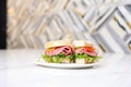 gourmet sub with rare roast beef, arugula, on marble Royalty Free Stock Photo