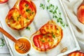 Gourmet summer Breakfast - sandwiches bread toast, bruschetta with grilled peaches Royalty Free Stock Photo