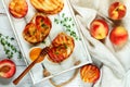 Gourmet summer Breakfast - sandwiches bread toast, bruschetta with grilled peaches Royalty Free Stock Photo