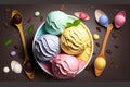 Gourmet summer dessert of of scoops ice cream. Colorful set of ice cream of different flavors, Generative AI Royalty Free Stock Photo