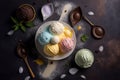 Gourmet summer dessert of of scoops ice cream. Colorful set of ice cream of different flavours. generative ai Royalty Free Stock Photo