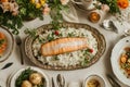 Gourmet table setting with a centerpiece of exquisite salmon and rice Royalty Free Stock Photo