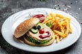 Gourmet tasty burger with french fries, ketchup, Baby menu of the restaurant