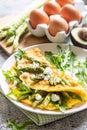 Gourmet Tasty Egg Omelette with Asparagus and soft Cheese. Asparagus. Fresh Asparagus with eggs Royalty Free Stock Photo