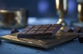 Gourmet Temptations: An Elegant Display of Rich Chocolate, Resting on Gold, Amidst a Blue Table, ai generative