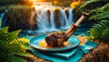 Delicious Roasted Lamb Shank with Orange Sauce by Waterfall Royalty Free Stock Photo